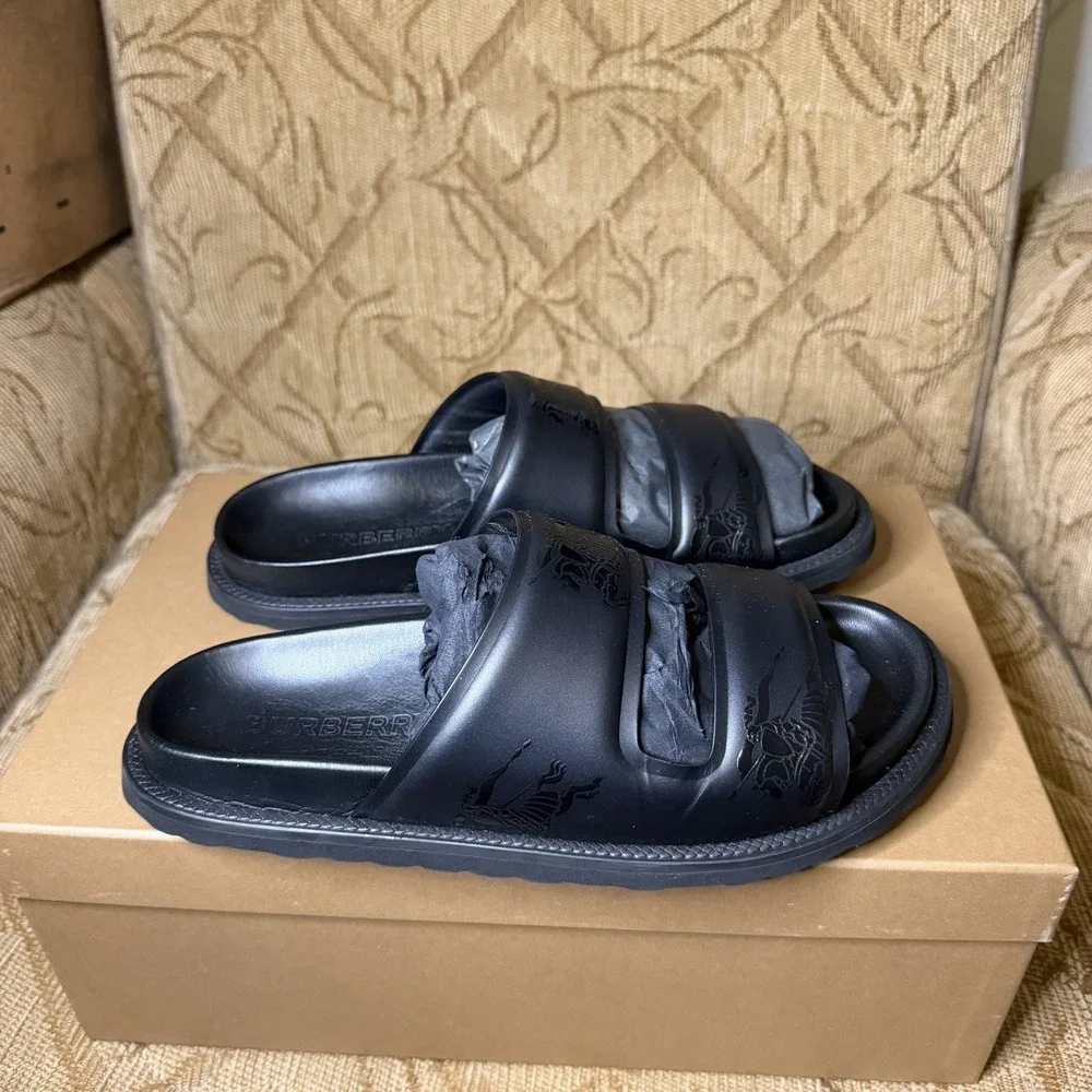 Burberry London England EKD Embossed Leather Slides Black Men's Size US 7 UK 6